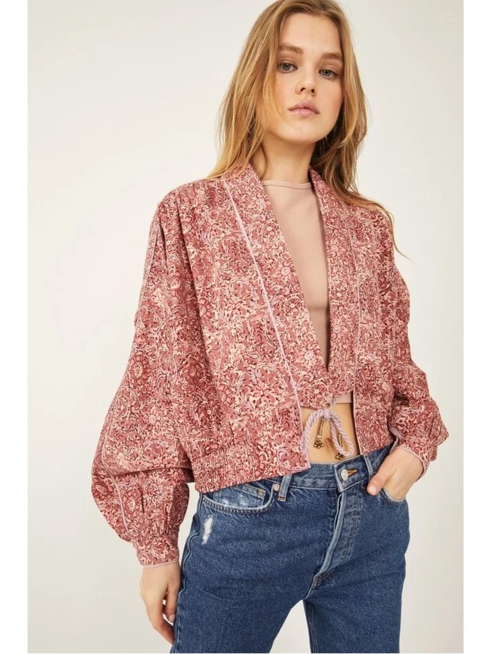 Free People $128 Rosalina Floral Cotton Quilted Rope Tie Boho Cropped Jacket M